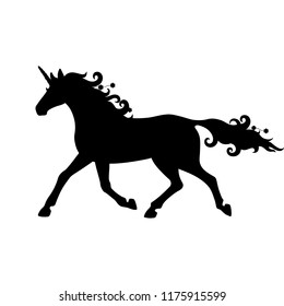 Isolated black silhouette of running, trotting unicorn on white background. Side view