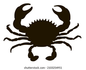 Isolated black silhouette of a sea crab on a white background. For logos and banners. Vector flat illustration.