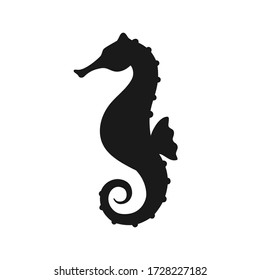 Изолированный черный силуэт морского конька на белом фоне. Вид сбоку. Силуэт морского животного. Морской конек.