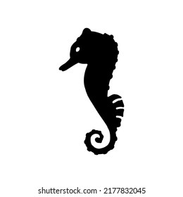 Isolated black silhouette of a seahorse on a white background. Side view. Sea animal silhouette. Vector illustration.