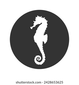 Isolated black silhouette of seahorse on white background. Side view. Silhouette of marine animal. Sea horse.