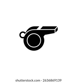 An isolated black silhouette shows the side view of a referee whistle, complete with its characteristic shape and looped attachment, set on a transparent backdrop.