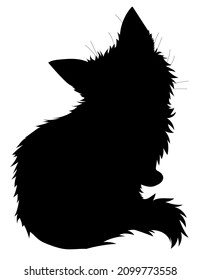 Isolated and black silhouette of a sitting fluffy kitten. Pets concept. For logos and banners. Vector illustration.