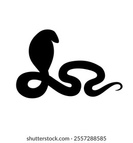 Isolated black silhouette of snake on white background. Black flat cartoon cobra snake