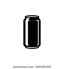 Isolated black silhouette of a soda or beer can standing upright on a solid white background, simple monochrome graphic vector illustration.