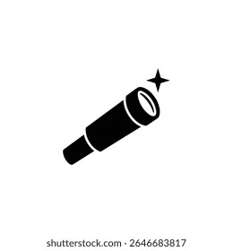 Isolated black silhouette of a spyglass, angled upward, with a four-pointed star at its viewing end, set against a solid white backdrop, in graphic style.