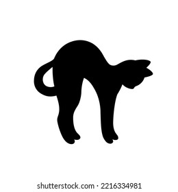 Isolated black silhouette of standing arching cat on white background. Flat cartoon cat pose.