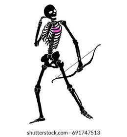Isolated black silhouette of a standing human skeleton with a bow in hand and a pink heart inside his rib cage. Funny death as Amur or Cupid.