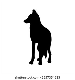 Isolated black silhouette of standing wolf on white background. Black flat cartoon wolf. Front view.