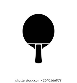 Isolated black silhouette of a table tennis paddle with rounded head and handle, set against a plain white background. Simple graphic symbol for sports and recreation.