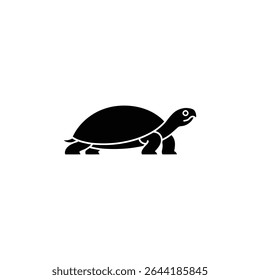 An isolated black silhouette of a turtle. It features a prominent shell, four legs, a small tail, and a head with a visible eye, all on a white background.