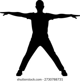 Ilustración vectorial de silueta negra aislada de un hombre joven que realiza un ejercicio de salto en tijera (salto de estrella) con los brazos extendidos y las piernas muy separadas. Ideal para gráficos de fitness, Planes de entrenamiento, carteles de gimnasio, imágenes de rutina de cardio e infografías de salud. Fondo blanco limpio.