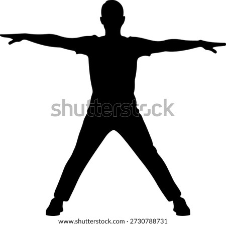 Isolated black silhouette vector illustration of a young man performing a jumping jack (star jump) exercise with arms outstretched and legs wide apart. Ideal for fitness graphics, workout plans, gym posters, cardio routine visuals, and health infographics. Clean white background.