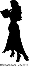 Isolated black silhouette of a witch with long gown holding a 
 wand and a book
