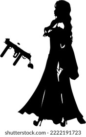 Isolated black silhouette of a witch with long gown holding a 
 wand and a book