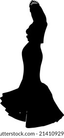 Isolated Black Silhouette of A Woman with Long Dress and Crown Walking and Posing Facing Camera. Beauty icon, miss universe, princess shadow from 45 degree.