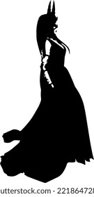 Isolated Black Silhouette of A Woman Wearing Long Gown and Horns. Demon queen concept for halloween 