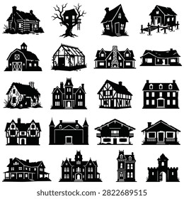 Isolated black silhouettes of different haunted houses, cottages, and spooky buildings for halloween