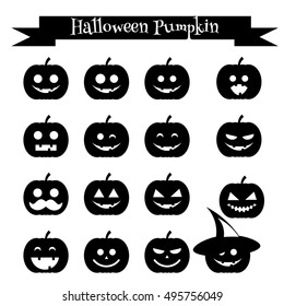 Isolated black silhouettes of halloween pumpkin. Emoji icons set. Emoticons, stickers, isolated design elements, icons for mobile applications, social media, chat and other business.