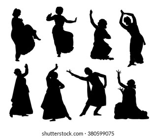 Isolated black silhouettes of indian dancers. Vector stock illustration for design