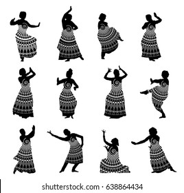 Isolated black silhouettes of indian dancers in mehndi style. Vector stock illustration for design on white background