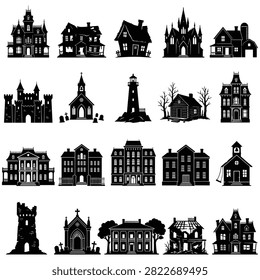 Isolated black silhouettes of scary haunted houses, castles, and spooky buildings for halloween