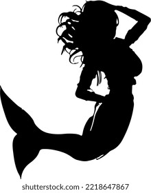 Isolated Black Silhoutte Of A Mermaid Woman With Long Hair Swiming Poses Underwater