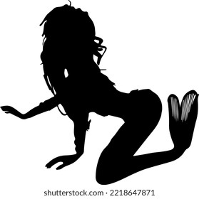 Isolated Black Silhoutte Of A Mermaid Woman With Long Hair Swiming Poses Underwater