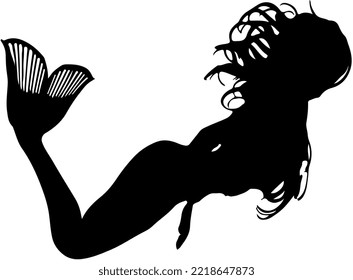 Isolated Black Silhoutte Of A Mermaid Woman With Long Hair Swiming Poses Underwater