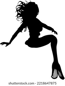 Isolated Black Silhoutte Of A Mermaid Woman With Long Hair Swiming Poses Underwater