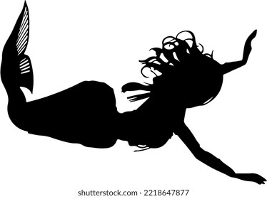 Isolated Black Silhoutte Of A Mermaid Woman With Long Hair Swiming Poses Underwater