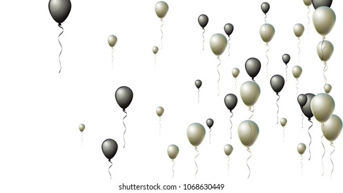 Isolated Black and Silver Helium Balloons. Party, Christmas, Birthday, New Year Festive Decoration. Amazing Black Friday Sale Confetti. Falling Down or Flying Up Black and Silver Balloons Set.