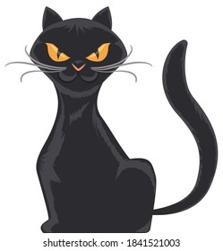 Isolated black and slender cat with twisted whiskers and mischievous attitude, isolated over white background.