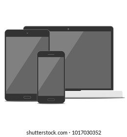 Isolated black smartphone, black tablet and laptop vector flat mockup on white background