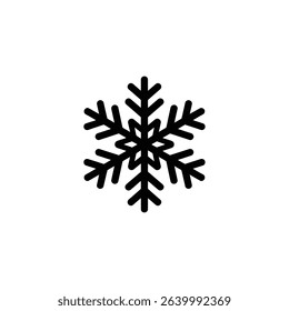 An isolated black snowflake icon is centered on a white background. The snowflake has six points with a simple, bold design for winter-themed imagery or weather forecasting.