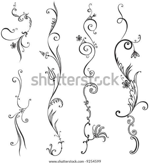 Isolated black spring floral decor elements on\
white background