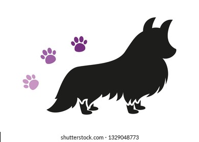 Isolated black standing dog vector silhouette with three violet paw prints.