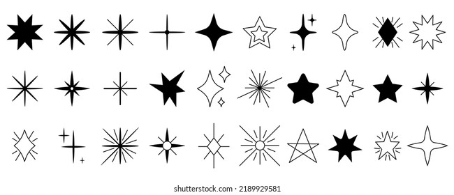 Isolated Black Stars Icons Different Silhouettes. Shine Modern Star Shapes, Doodle Starring Symbols. Twinkle Decorative Decent Sky Vector Elements Set