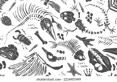 Isolated black stencil imprints skeletons of prehistoric animals, insects and plants on white background. Seamless pattern realistic hand drawn art. Vector illustration.