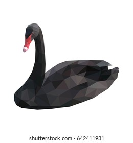 Isolated black swan composed of triangles on white background. Colored polygonal geometric hooper.