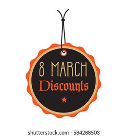Isolated black tag with the text eight March discounts written on the tag