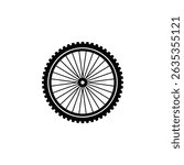 Isolated black tire with spokes on transparent background, creating a silhouette of a sturdy mountain bike wheel.