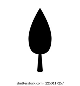 Isolated black tree silhouette illustration in flat doodle style. Nature clipart. Outdoor landscape forest or park design element. Simple plant shape. Tree icon or logo template.