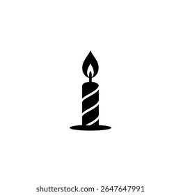 An isolated black vector graphic of a burning candle. It has a thin swirling pattern going down the side of the candle, and a melted base.