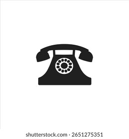 Isolated black vector icon illustrating a vintage rotary telephone with handset on a clean white background, perfect for representing communication or nostalgia.