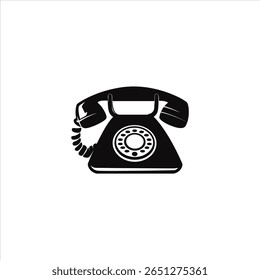 Isolated black vector icon illustration of a classic rotary dial telephone on a white background. The design is clean, simple, and easily recognizable.