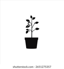 An isolated black vector icon showing a plant with leaves growing tall in a flower pot, set against a clean white background. Simple graphic design.