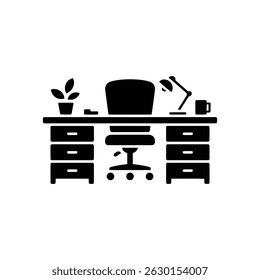 An isolated black vector icon shows an office desk with drawers, a chair, a lamp, a plant pot, and a mug on a white background.