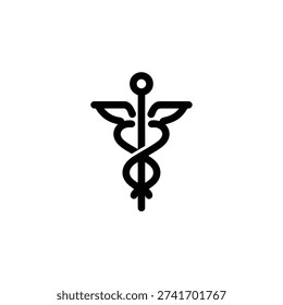 Isolated black vector image depicts a caduceus medical symbol. Features a winged staff with intertwining serpents, presented against a clean white backdrop.