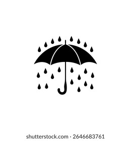 Imagem isolada de vetor preto mostra chuva caindo sobre um guarda-chuva curvo. Este ícone de clima representa proteção contra chuva, tempo molhado e previsões do tempo.